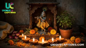 Home shrine with a Krishna idol, glowing diyas and a tulsi plant