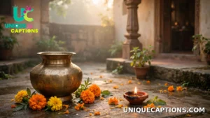 Serene Choti Diwali morning scene with a brass water pot, flowers and sunrise light