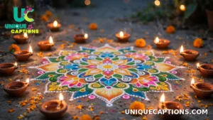 Colourful rangoli surrounded by glowing diyas and marigold petals in soft evening light