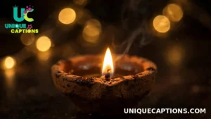 Single diya flame glowing against a dark background with soft bokeh festival lights