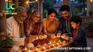 Three generations of an Indian family lighting diyas together at dusk