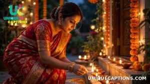 Choti Diwali Captions: woman in a red and gold saree lighting the first row of diyas at dusk