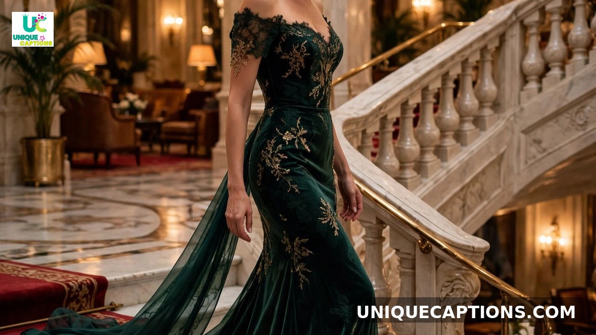 Instagram captions for luxury lifestyle - classy woman in evening gown descending grand hotel staircase