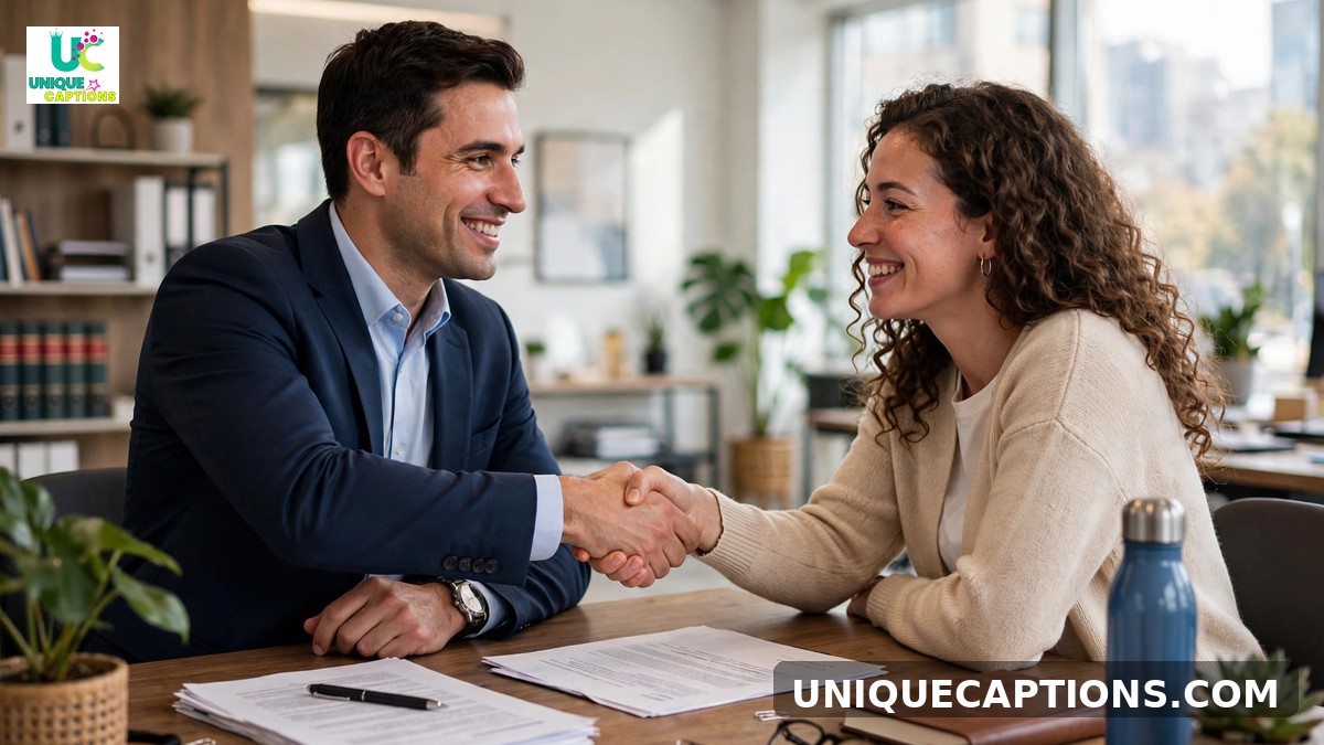Client appreciation lawyer captions - lawyer shaking hands with a client across a desk