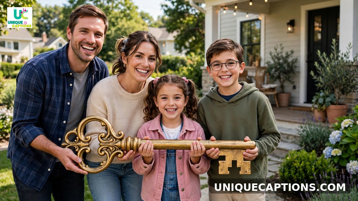 Client testimonial captions - happy family holding an oversized key prop in front of their new home