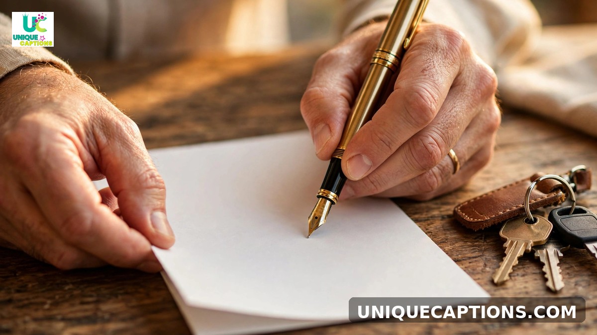 Closing day captions - hands signing documents with a fountain pen beside house keys