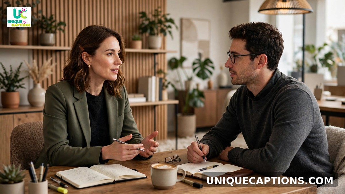 Coaching session captions - coach and client talking across a table with notebooks