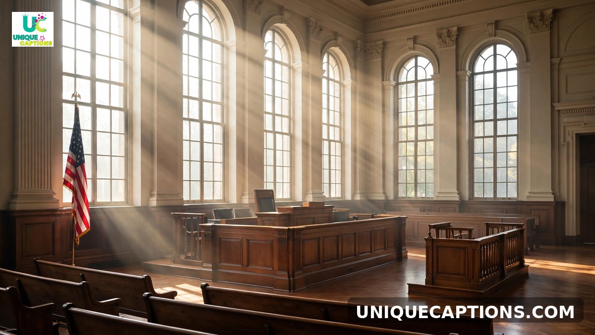 Courtroom captions - grand empty courtroom with wooden bench and morning light