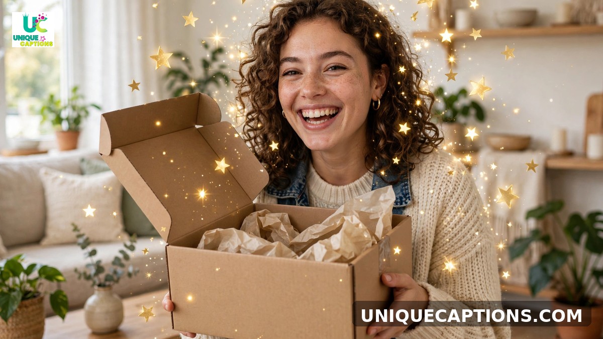 Customer review captions - happy woman holding an opened parcel with floating stars