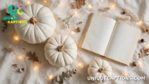 Flat lay of white pumpkins, fairy lights and an open book