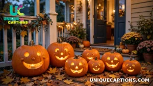 Cute Halloween Captions inspiration with smiling jack-o'-lanterns on a cozy porch