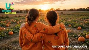 Two friends in matching pumpkin sweaters seen from behind at sunset