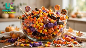 Colorful wrapped candies in a glass bowl ready for Halloween