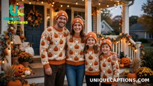Family in matching cozy Halloween costumes together on a porch