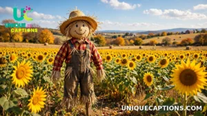 Smiling scarecrow standing in a sunflower field on a sunny fall day