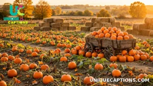 Pumpkin patch at golden hour with a wooden wagon full of pumpkins