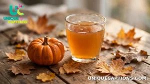 Tiny pumpkin beside a cup of apple cider on a wooden table