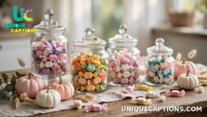 Candy jars and pastel pumpkins arranged on a table for sweet Halloween photos
