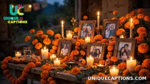 Day of the Dead Captions inspiration — a vibrant ofrenda with marigolds, candles, and framed photos glowing at dusk