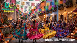 Traditional dancers in colorful dress at a joyful Day of the Dead street celebration, seen from a distance