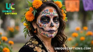 Artistic sugar skull face paint portrait of an adult with colorful floral calavera makeup for Day of the Dead