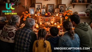 Family gathered around a glowing home altar, seen from behind in warm candlelight during Día de los Muertos
