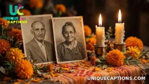 Two candles and old photographs arranged on an altar in loving memory of grandparents at Día de los Muertos