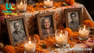 Close-up of an ofrenda altar tier with glowing candles and framed photos of loved ones surrounded by marigolds