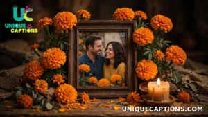 Framed photograph of parents honored with marigolds and a lit candle on a Day of the Dead altar