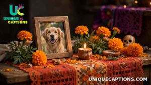 Pet photo frame with a small candle and flowers on an altar, remembering a beloved pet on Day of the Dead