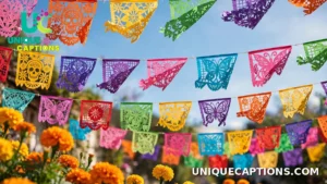 Colorful papel picado banners fluttering against a bright blue sky during a Day of the Dead celebration