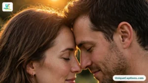 Couple forehead to forehead in warm golden light, sharing a tender quiet moment.