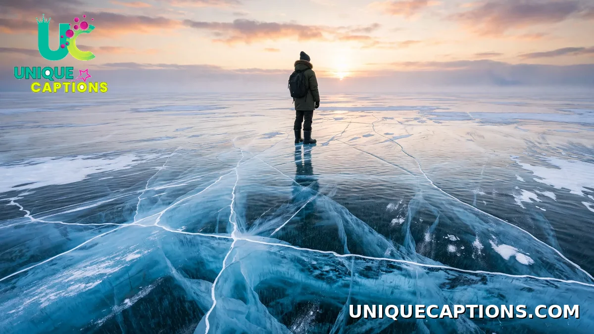 Contemplative photo of a lone figure on the frozen surface of Lake Baikal at sunrise