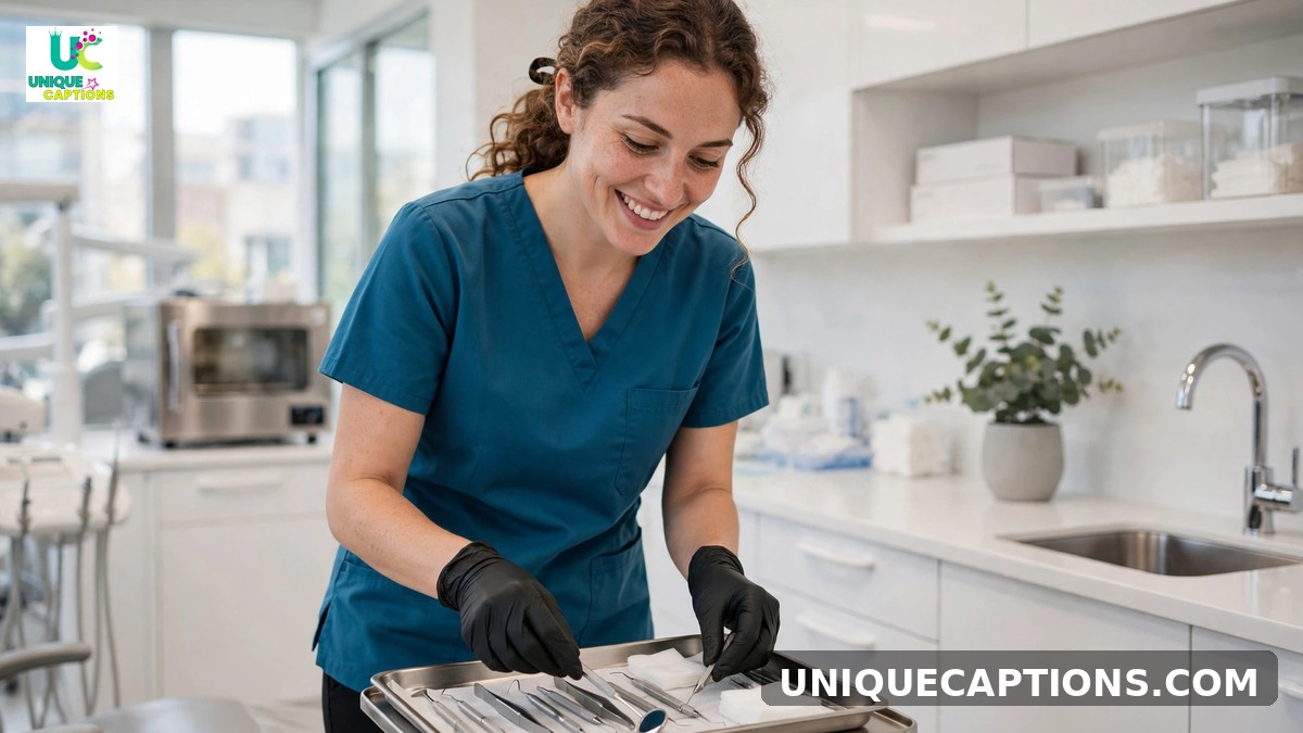 Dental assistant captions - friendly assistant arranging instruments in a modern office