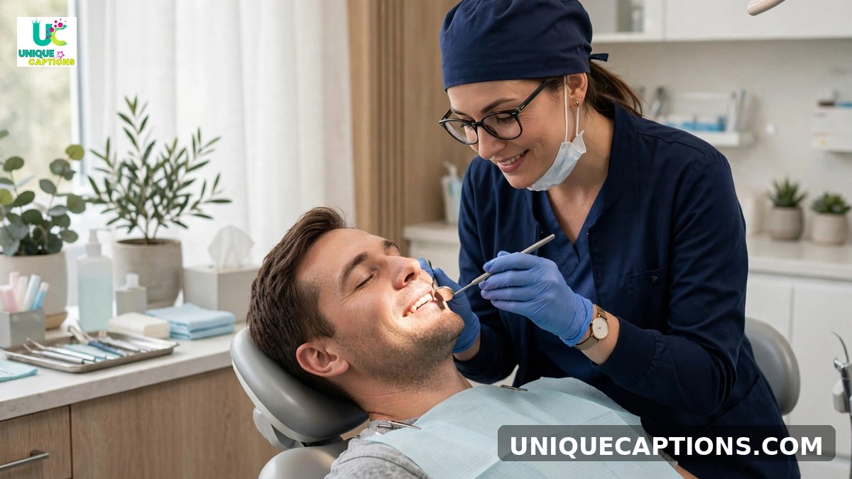 Dental checkup captions - dentist examining a relaxed patient with a dental mirror