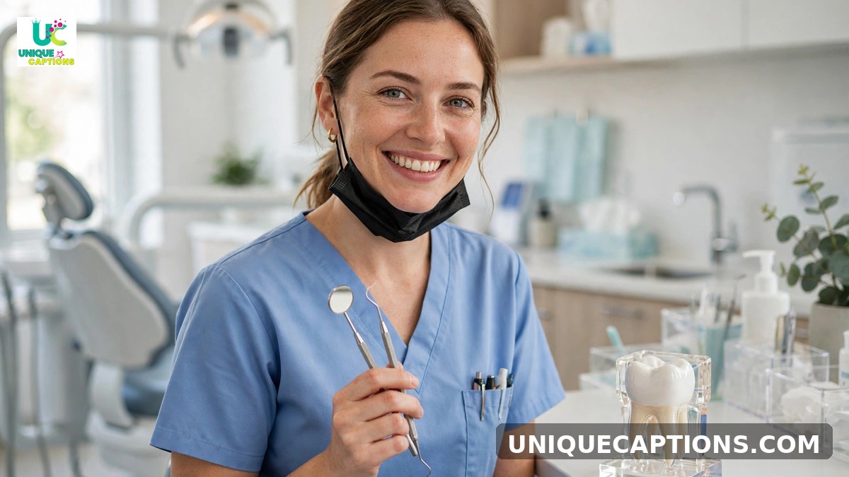 Dental hygienist captions - friendly hygienist holding cleaning tools in a bright modern clinic