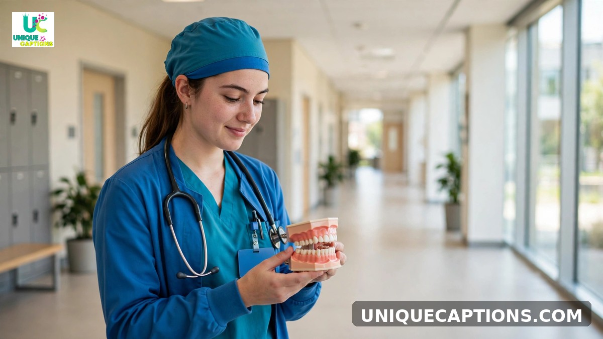 Dental student captions - young dental student in scrubs holding a dental teeth model