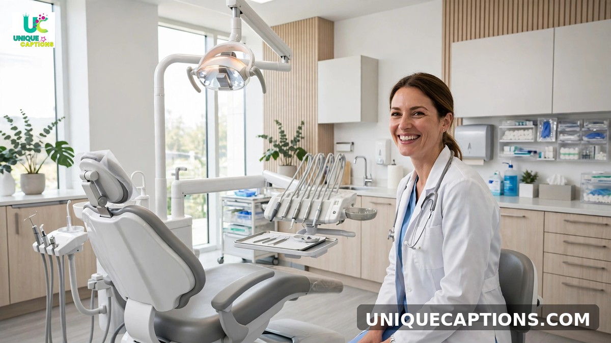 Instagram captions for dentists - friendly dentist smiling in a modern dental clinic
