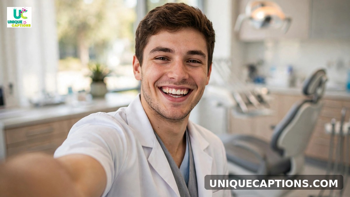 Dentist selfie captions - cheerful dentist taking a selfie in a modern clinic