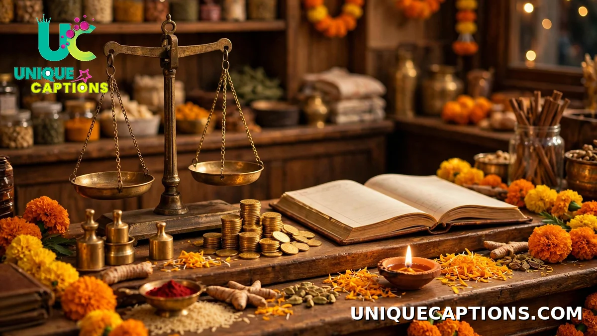 Dhanteras business prosperity captions with a brass scale, coins and a ledger