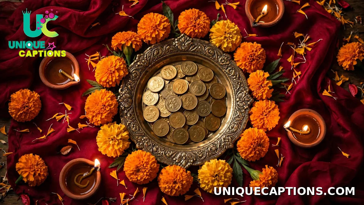 Dhanteras captions in Hindi with diyas, marigolds and gold coins on crimson silk
