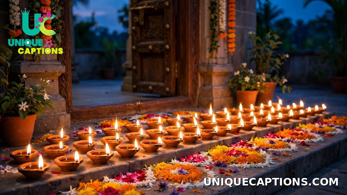 Dhanteras diya captions with a row of lit diyas on a doorstep at dusk