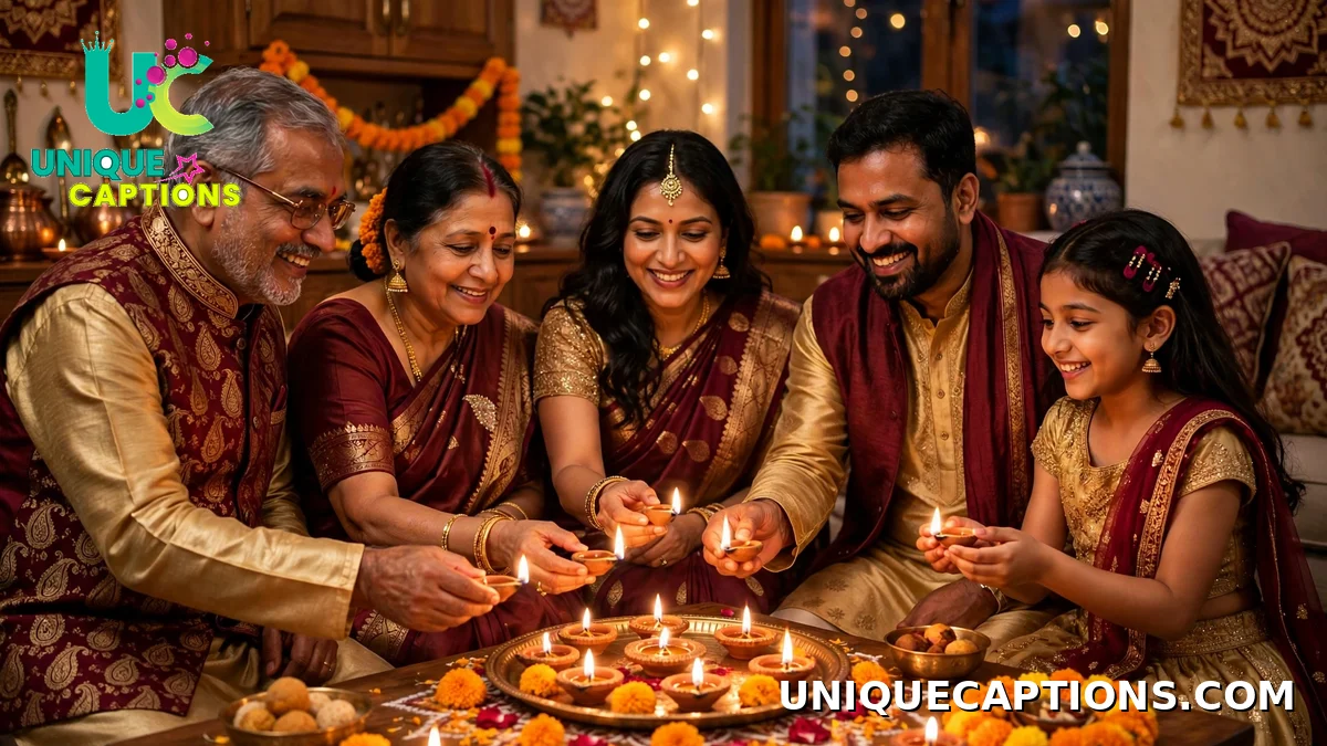 Dhanteras family captions with an Indian family lighting diyas together