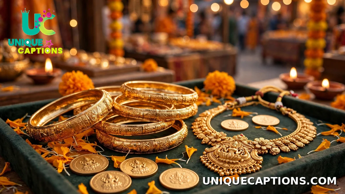Dhanteras gold buying captions with Indian gold jewelry and coins