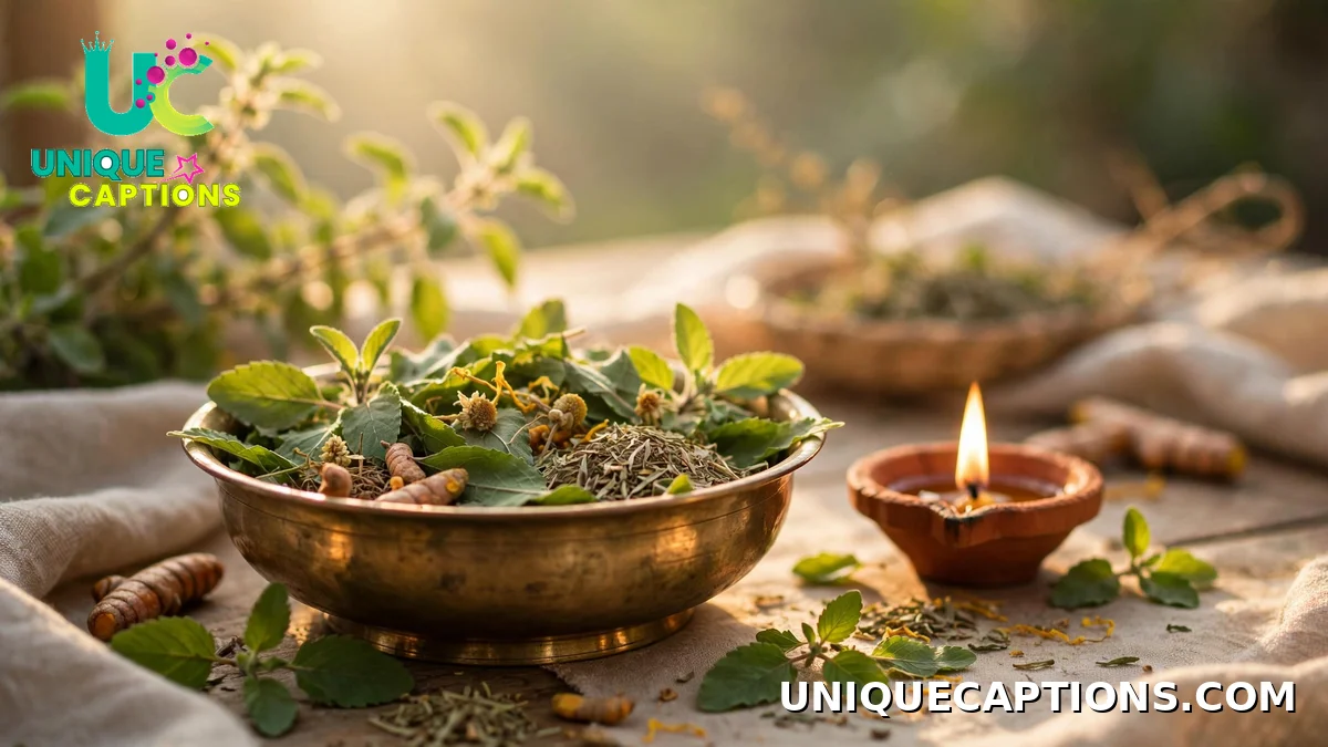 Dhanteras health and Dhanvantari captions with Ayurvedic herbs and a diya