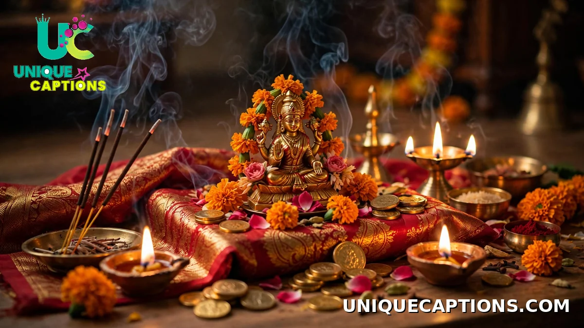 Dhanteras Lakshmi puja captions with a decorated goddess altar and diyas