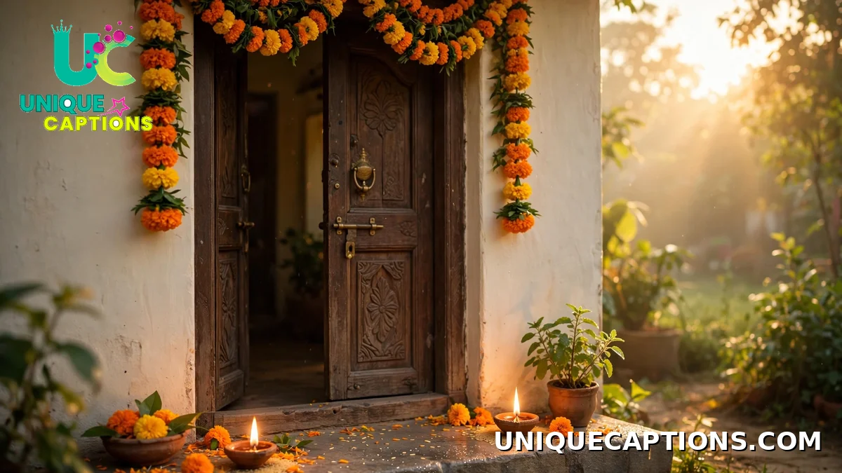 Dhanteras new beginnings captions with a marigold toran and diyas at a doorway