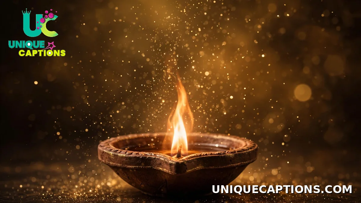 Dhanteras quotes with a glowing diya and gold dust on a dark amber background