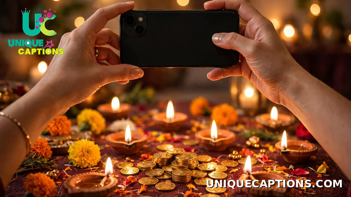 Dhanteras reels captions with a smartphone filming diyas and gold coins