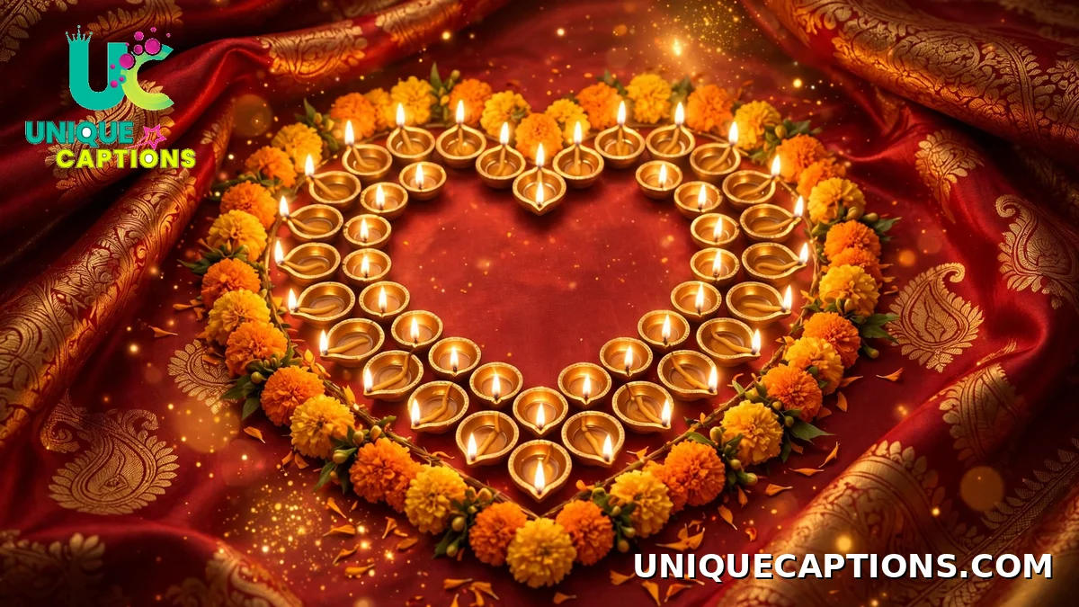 Dhanteras wishes captions with diyas arranged in a circle on red silk